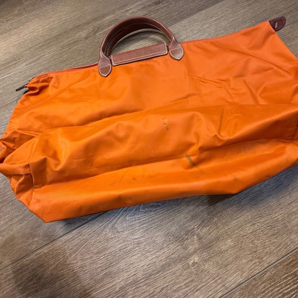 Longchamp Le Pliage Large Travel Weekender Tote Orange Leather Fair Condition - Picture 5 of 16